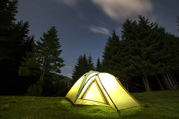 Tente Randonneurs Touristiques Brillamment Éclairée Intérieur Sur Forêt Herbeuse Verte — Photo