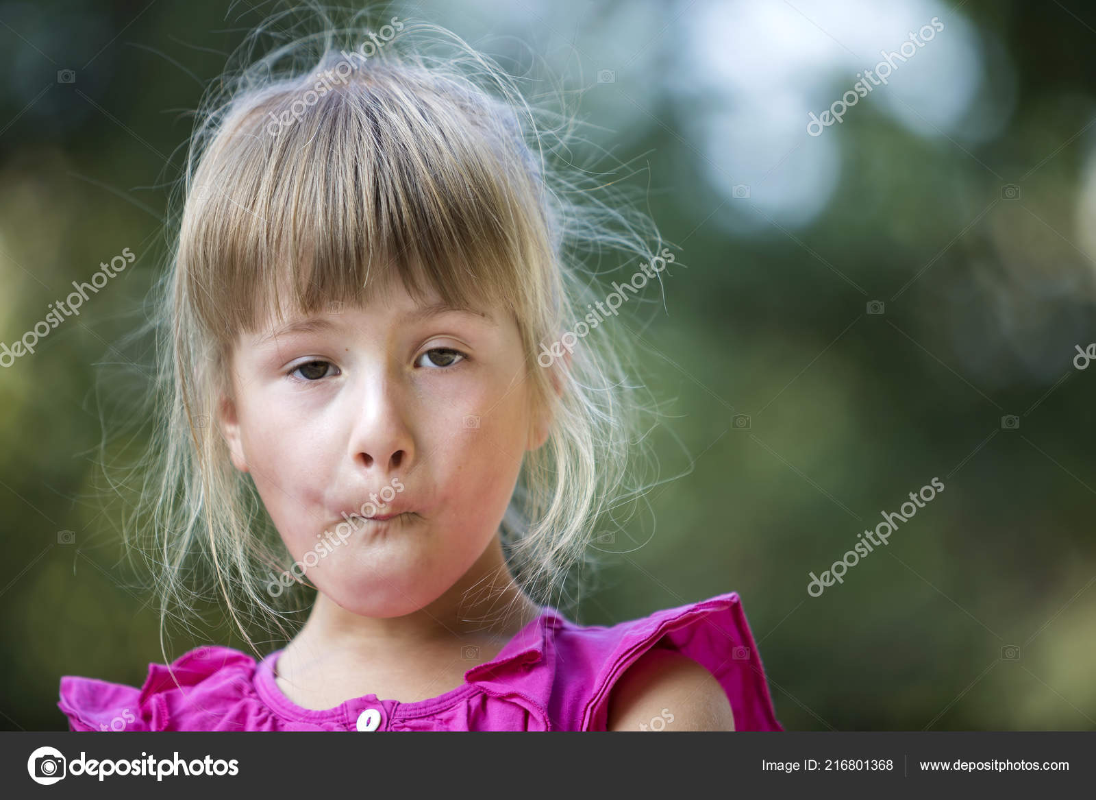 Portrait Little Cute Pretty Young Child Girl Gray Eyes Scattered