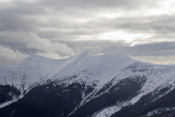 Winterberglandschaft Weiter Blick Auf Weit Entfernte Bewaldete Berggipfel Mit Glänzendem — Stockfoto