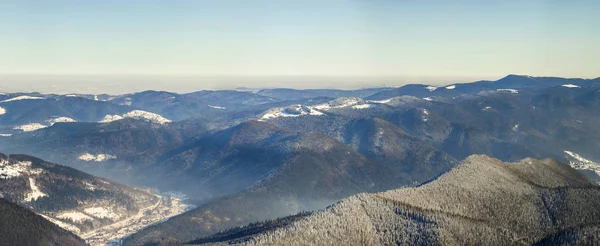 美丽的冬天全景与新鲜的雪 云杉松树树 蓝色天空与太阳下的风景背景光和高喀尔巴阡山 — 图库照片