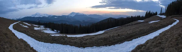 Panorama Belo Pôr Sol Primavera Nas Montanhas Dos Cárpatos Vale — Fotografia de Stock