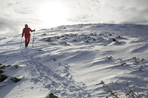 コピー領域の背景の嵐曇り空に雪で覆われている杖危険な岩山の坂を下ると明るい色の赤い服で観光ハイカー — ストック写真