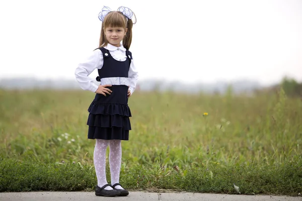 Full Length Portrait Cute Adorable Serious Thoughtful First Grader Girl — Stock Photo, Image