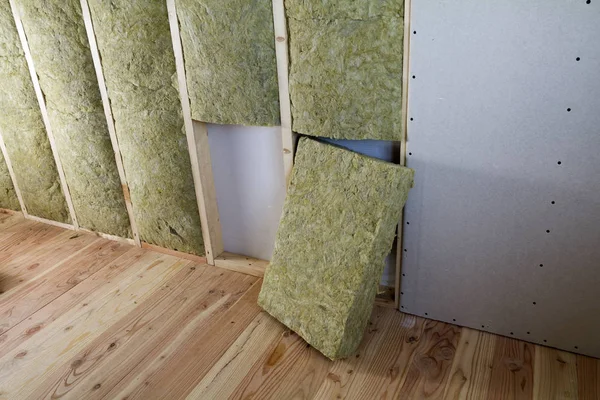 Wooden Frame Future Walls Drywall Plates Insulated Rock Wool Fiberglass — Stock Photo, Image