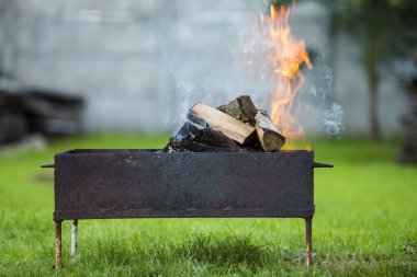 Yakın çekim parlak metal kutuda yanan odun Barbekü güneşli yaz gününde açık için günlüğe kaydeder. Turuncu yüksek alev üzerinde bulanık mavi gökyüzü ve yeşil çim arka plan. Kamp, Emanet ve Turizm kavramı.