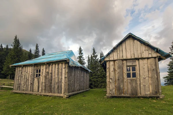 Close Wide Angled View Two Old Wooden Weathered Unpainted Shepherd — Stock Photo, Image