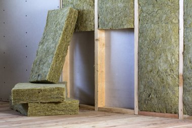 Alçıpan plakalar ile gelecekteki duvarlar için ahşap çerçeve kaya yünü ve fiberglas ile yalıtım personel soğuk bariyer için yalıtılmış. Rahat sıcak ev, ekonomi, inşaat ve tadilat kavramı.