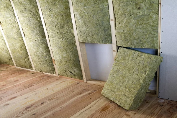 Wooden Frame Future Walls Drywall Plates Insulated Rock Wool Fiberglass — Stock Photo, Image