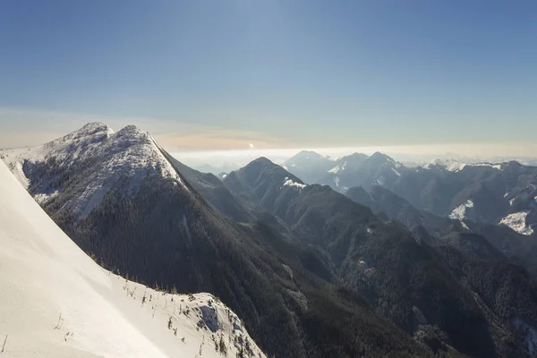 Schöne Winterlandschaft Steiler Berghang Mit Weißem Tiefschnee Weit Entferntes Bewaldetes — Stockfoto