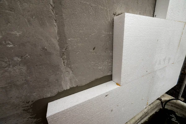 Close Detail Plastered House Wall Rigid Styrofoam Insulation Modern Technology — Stock Photo, Image