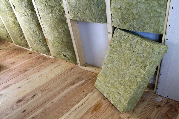 Wooden Frame Future Walls Drywall Plates Insulated Rock Wool Fiberglass — Stock Photo, Image