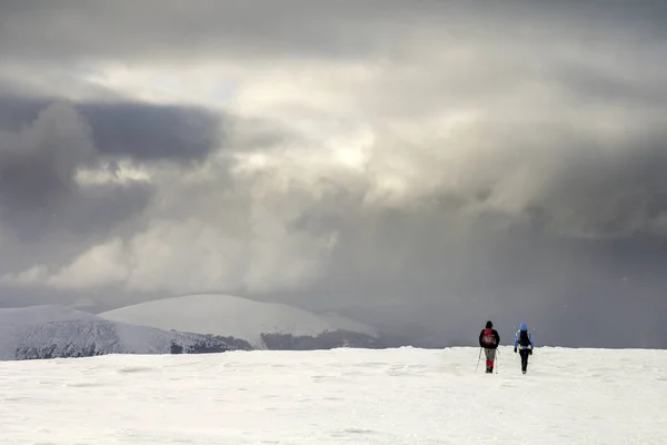 Zimní Horské Krajině Zadní Pohled Hosty Turistické Turisté Batohy Zasněženou — Stock fotografie