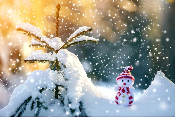 Small Funny Toy Baby Snowman Knitted Hat Scarf Deep Snow — Stock Photo, Image