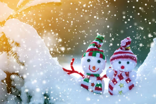 stock image Two small funny toys baby snowman in knitted hats and scarves in deep snow outdoors near pine tree branch. Happy New Year and Merry Christmas greeting card.