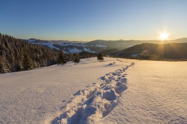 Güzel kış Noel manzara. Boş alan aracılığıyla insan ayak izi iz yolu kristal beyaz derin karda karanlık tepelerde odunsu gündoğumu, ufukta açık mavi gökyüzü uzay arka plan kopyalayın..