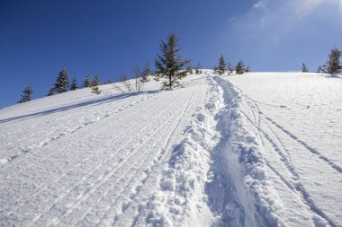 Güzel kış Noel manzara. Sarp dağ tepe yamaç yolunu ve kayak parça kristal beyaz derin kar ve büyüyen Ladin ağaçlarıyla açık parlak mavi gökyüzü kopya alan arka plan üzerinde.