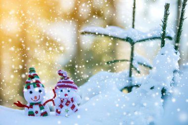 İki komik oyuncak bebek kardan adam örgü şapkalı ve eşarplı açık havada, çam ağacı dalının yanında. Mutlu yıllar ve Mutlu Noeller tebrik kartı.