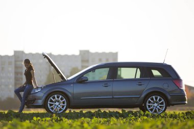 Araba ile genç çekici kadın hood yeşil çayır üzerinde bulanık apartmanın açık ve parlak gökyüzü kopya alan arka plan açık. Ulaşım, araç sorunları ve arıza kavramı.
