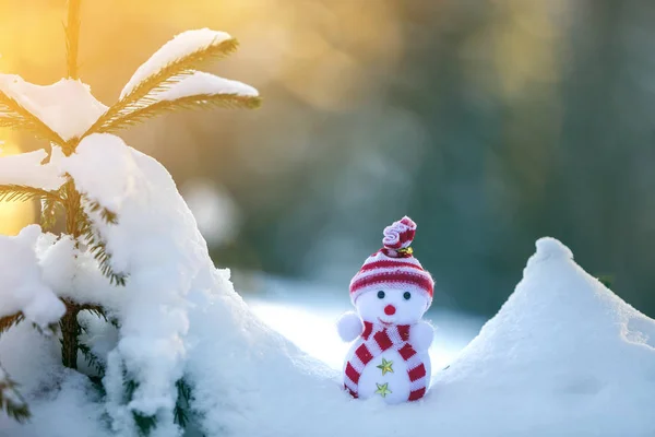Kleine Grappige Speelgoed Baby Sneeuwpop Gebreide Hoed Sjaal Diepe Sneeuw — Stockfoto