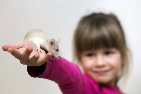 Retrato Feliz Sorrindo Menina Bonito Criança Com Hamster Rato Estimação — Fotografia de Stock