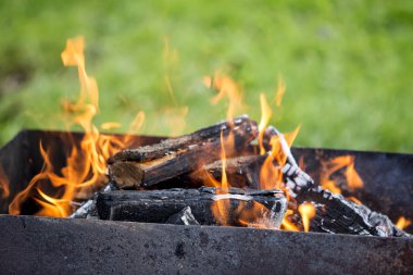 Parlak metal kutuda yanan odun Barbekü güneşli günde açık için günlüğe kaydeder. Turuncu yüksek alev ve bulanık mavi gökyüzü ve yeşil çim arka plan beyaz duman. Kamp, Emanet ve Turizm kavramı.