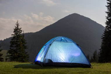 Turist yürüyüşçü boyunda çam ağaçları altında arasında takas yeşil çimenli orman parlak mavi çadırın sabah gökyüzü uzak sisli odunsu dağ zemin üzerine temizleyin. Turizm, şafakta dağda kamp yaz.