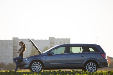 Araba ile genç çekici kadın hood yeşil çayır üzerinde bulanık apartmanın açık ve parlak gökyüzü kopya alan arka plan açık. Ulaşım, araç sorunları ve arıza kavramı.