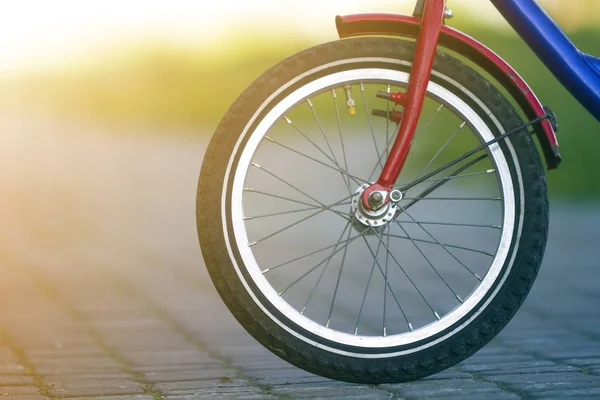 Dettaglio Primo Piano Della Ruota Anteriore Della Bicicletta Adolescente Sfondo — Foto Stock