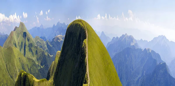 Panorama Grüner Hügel Sommerbergen Mit Schotterpiste Für Die Anreise Mit — Stockfoto