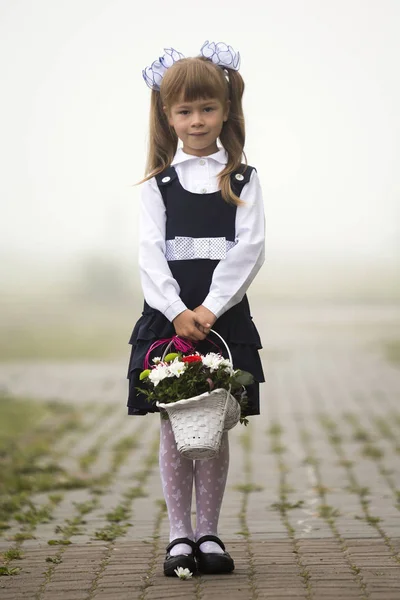 Pełnej Długości Portret Ładny Urocza Dziewczyna Pierwszej Równiarka Szkole Jednolitego — Zdjęcie stockowe