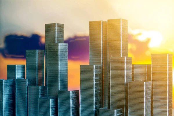 Staples Arranged Form City Skyline Sunset Background — Stock Photo, Image