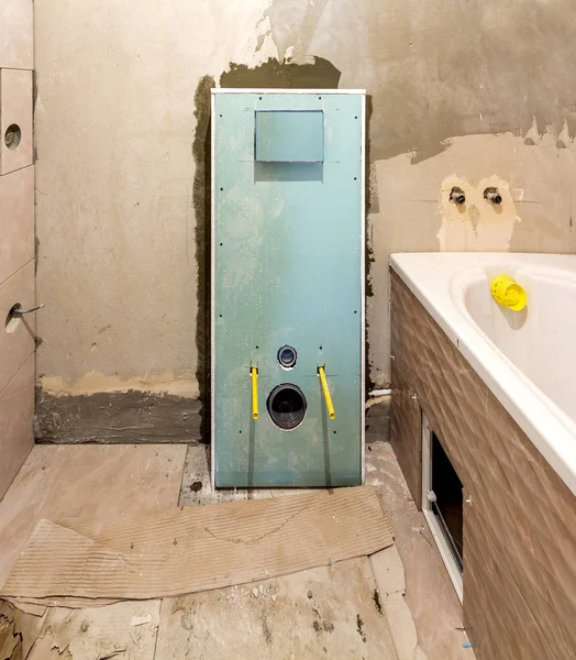 Незаконченная Реконструкция Ванной Комнаты Туалета Керамической Плиткой Установленной Стенах Гипсокартона — стоковое фото