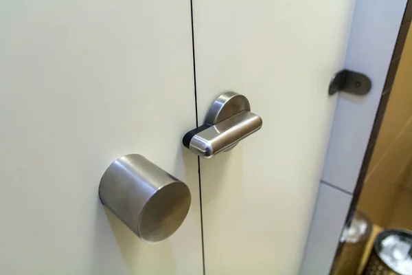 Interior Restroom Toilet White Closed Door Lock Stainless Knob Privacy — Stock Photo, Image