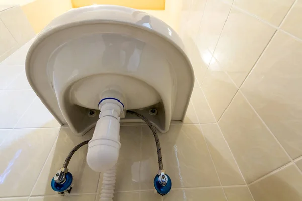 Bottom View New Modern Ceramic White Washbasin Sink Connected Sewer — Stock Photo, Image