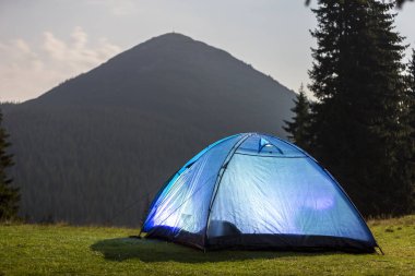 Turist yürüyüşçü boyunda çam ağaçları altında arasında takas yeşil çimenli orman parlak mavi çadırın sabah gökyüzü uzak sisli odunsu dağ zemin üzerine temizleyin. Turizm, şafakta dağda kamp yaz.