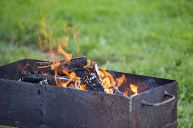 Parlak metal kutuda yanan odun Barbekü güneşli günde açık için günlüğe kaydeder. Turuncu yüksek alev ve bulanık mavi gökyüzü ve yeşil çim arka plan beyaz duman. Kamp, Emanet ve Turizm kavramı.