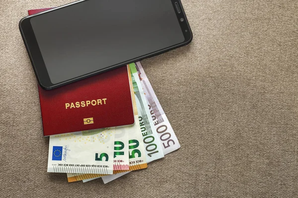 Современный Черный Мобильный Телефон Банкноты Евро Проездной Паспорт Фоне Копировального — стоковое фото