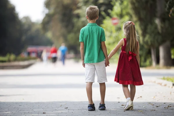 Vista Posteriore Due Simpatici Giovani Bambini Biondi Ragazza Ragazzo Fratello — Foto Stock