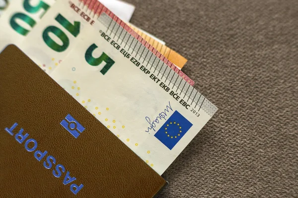 Passaporto Viaggio Denaro Banconote Euro Sfondo Spazio Copia Vista Dall — Foto Stock