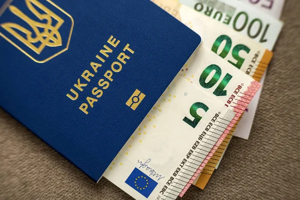 Украинский Паспорт Деньги Банкноты Американских Долларах Купюры Фоне Копировального Пространства — стоковое фото