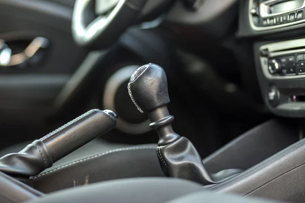 Luxurious Car Black Leather Interior Close Detail Handbrake Manual Brake — Stock Photo, Image