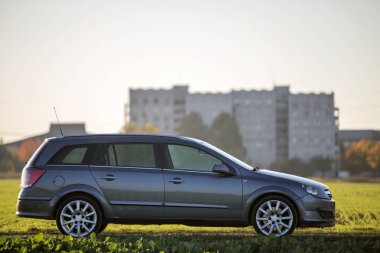 Yeşil çayırlar, uzak şehir bina ve açık gökyüzü kopya alan arka plan gri araba park edilmiş. Ulaşım, seyahat, Araçlar tasarım konsepti.