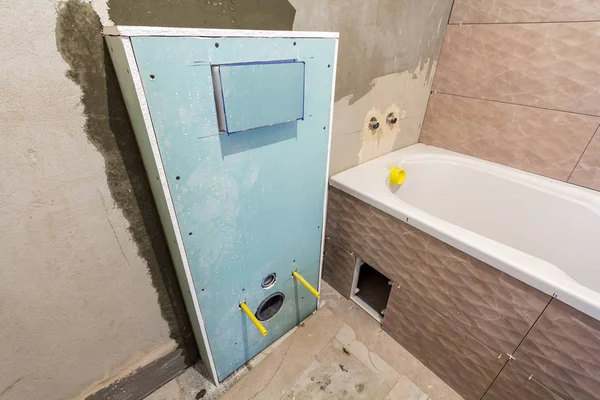 Unfinished Reconstruction Bathroom Toilet Ceramic Tiles Installed Walls Drywall Place — Stock Photo, Image