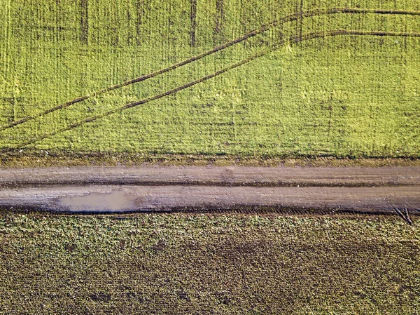Paisagem agrícola do ar. Aposta de estrada terrestre estreita reta — Fotografia de Stock