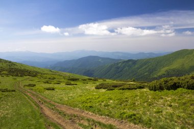 Odunsu dağlar r için önde gelen yeşil çimenli tepe üzerinde kir araba parça