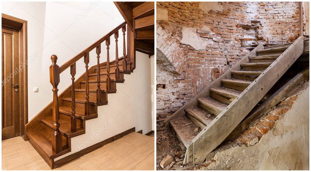 Comparison of modern brown wooden oak staircase with carved rail
