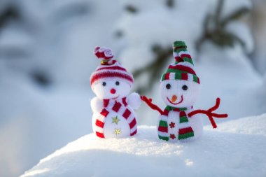 Örme şapka ve eşarp iki küçük komik oyuncaklar bebek kardan adam