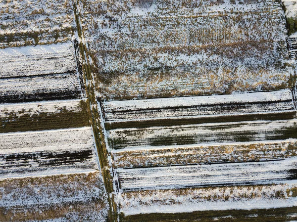 Pohled na prázdné zasněžené a tmavé pole se záplatou krajinou na slunci — Stock fotografie