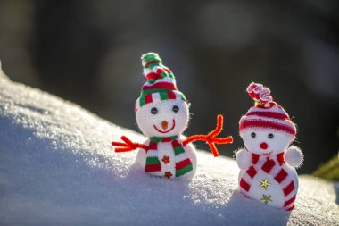 Örme şapka ve eşarp iki küçük komik oyuncaklar bebek kardan adam