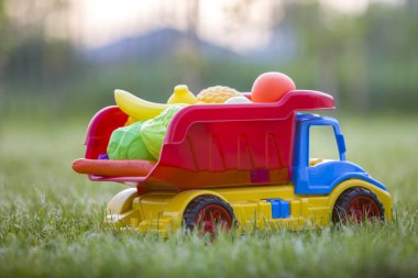 Parlak plastik renkli oyuncak araba kamyon oyuncak f ile sepet taşıyan